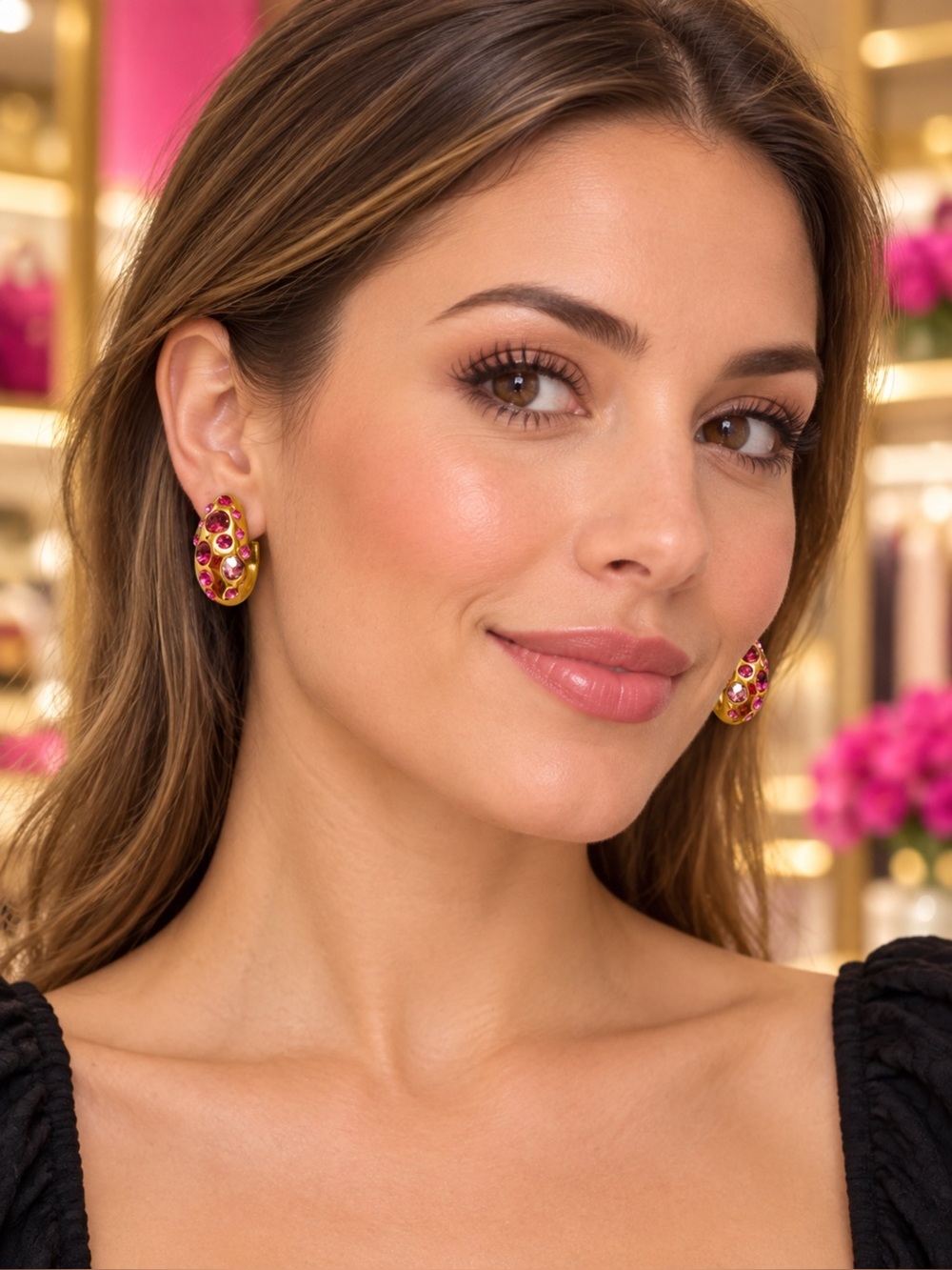 Kurt Geiger Gold Hoop Earrings with Pink Stones